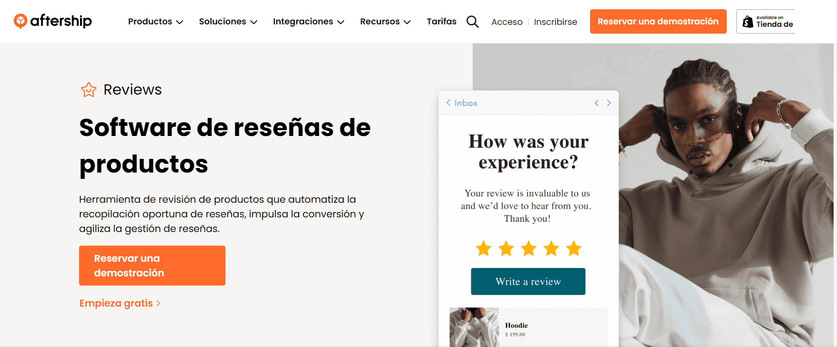Pantallazo del sitio web de Aftership, la aplicación ayuda a recopilar y mostrar reseñas en las tiendas Shopify