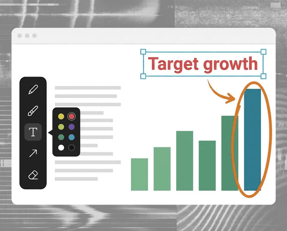 FlashBack Express annotations showing text, drawing tools, and a highlighted chart