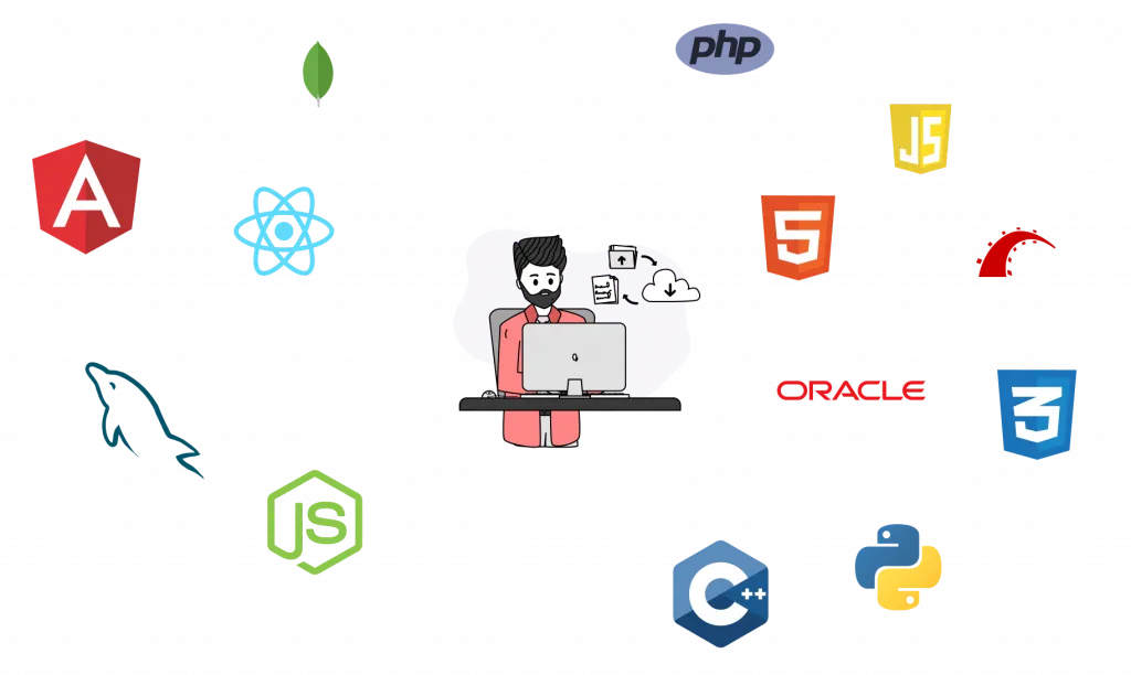 Developer at a laptop surrounded by tech stack logos like React, Angular, Node.js, PHP and Python