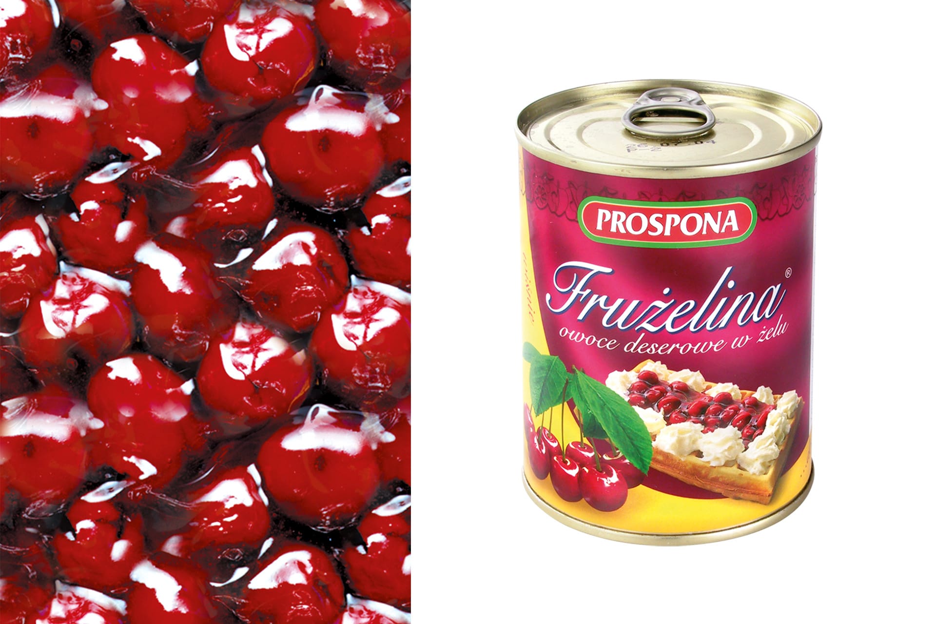 A close-up image of a can labeled "Frużelina Prospona" featuring vibrant red cherries in a glossy gel, showcasing distinct packaging design alongside fresh cherries submerged in a syrupy preserve.
