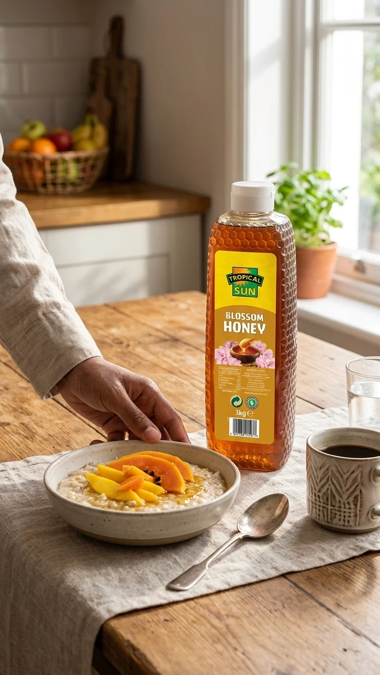 Hand reaching for Tropical Sun honey during morning meal, highlighting mediareach ethnic grocery brand campaigns