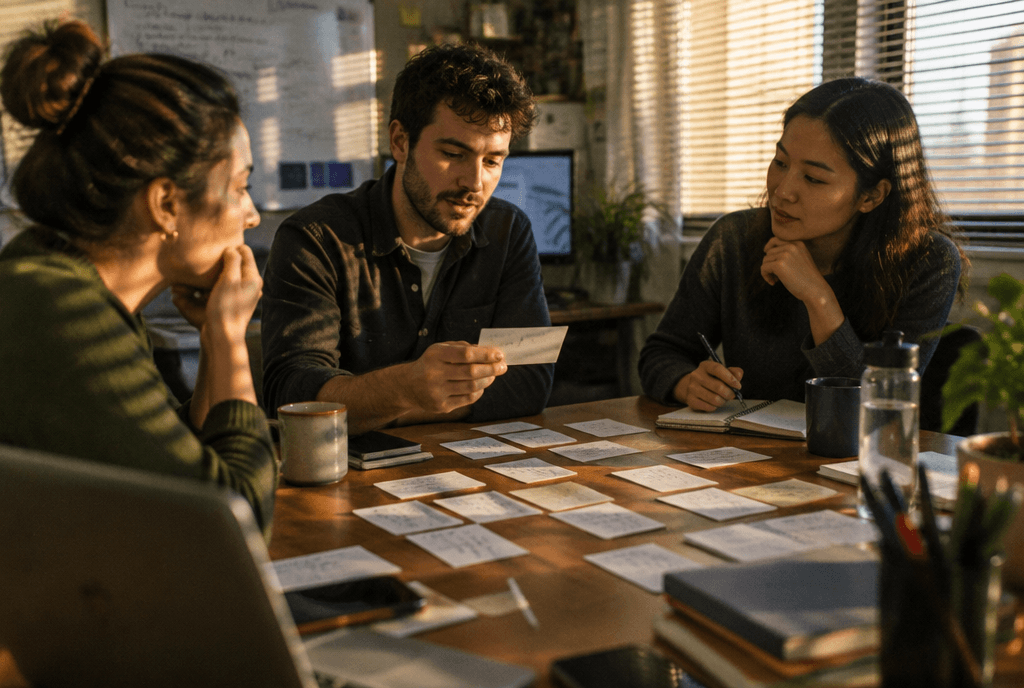 Marketing team of three brainstorming ad headlines on index cards