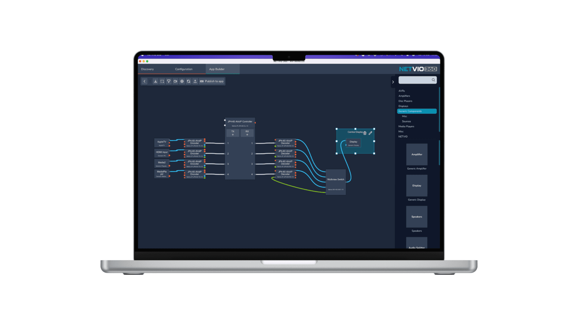 Network diagram showing AV over IP connections on a laptop screen.