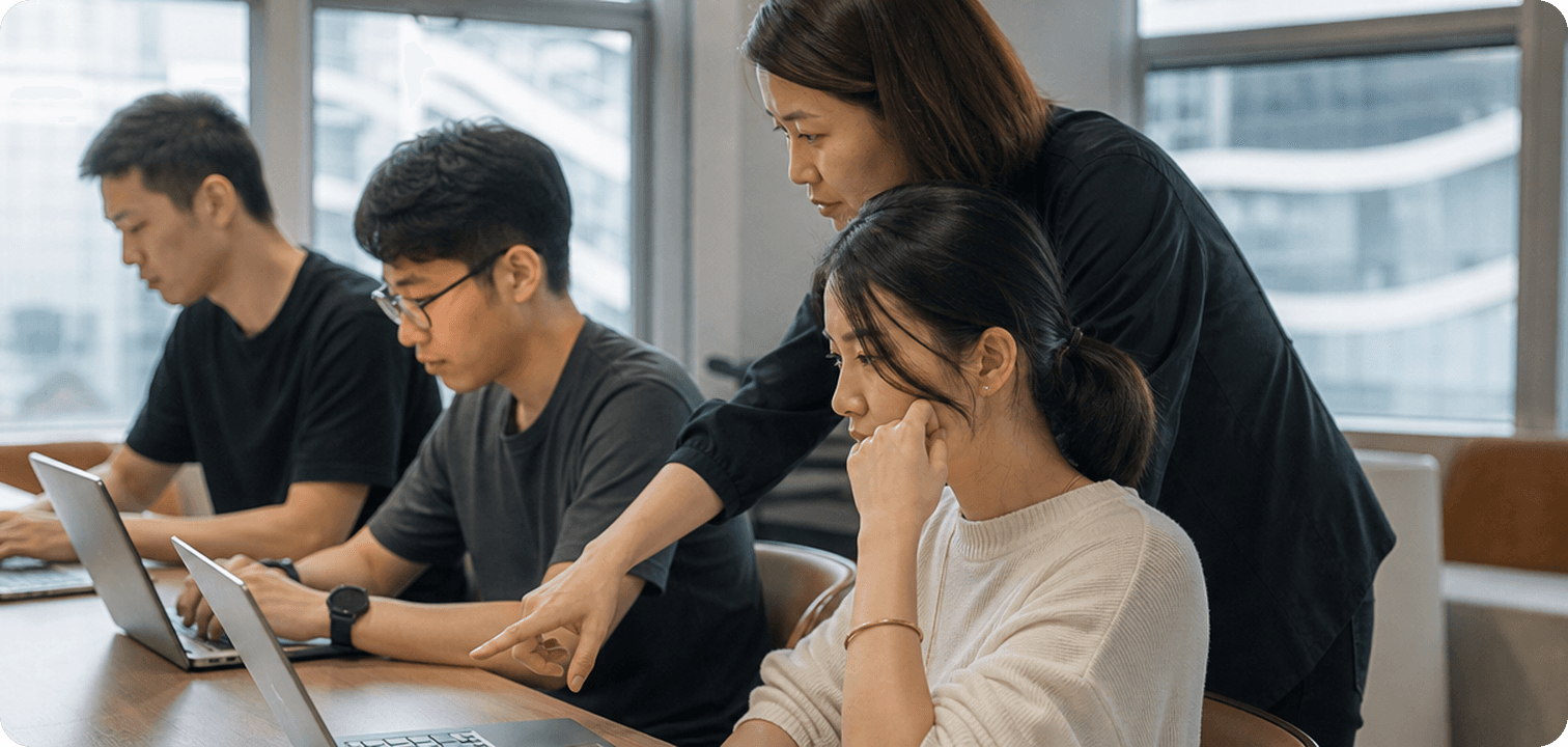 小班 AI 課程實作環節,導師逐個指導學員喺手提電腦上操作