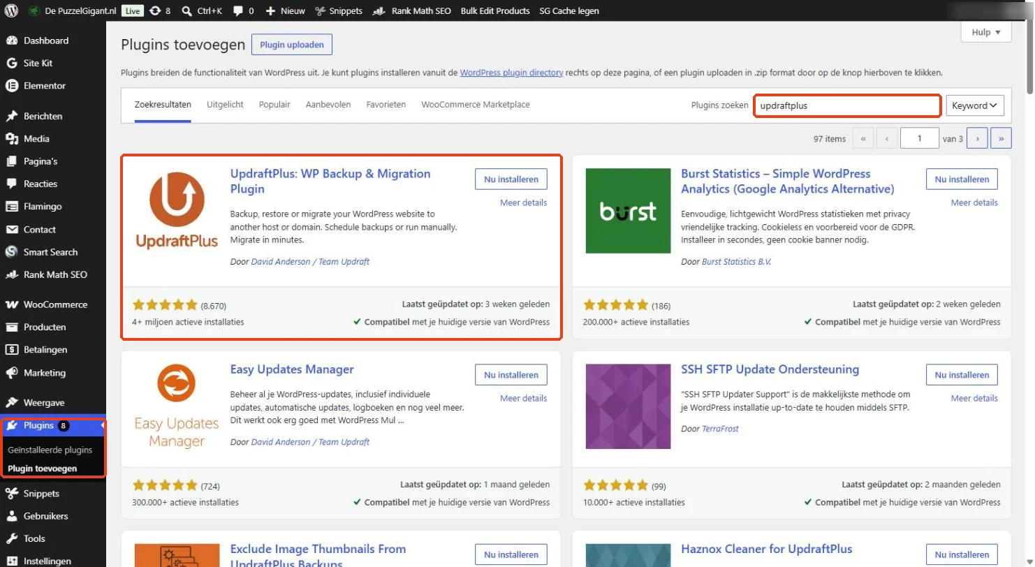 WordPress: Plugins, Plugin toevoegen, zoeken op een back-upplugin