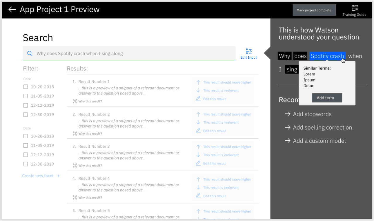 Suggestion quality and term management UI