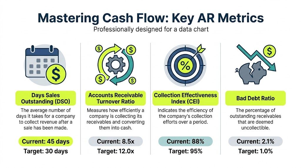 An infographic showing four key accounts receivable metrics with current and target data points.