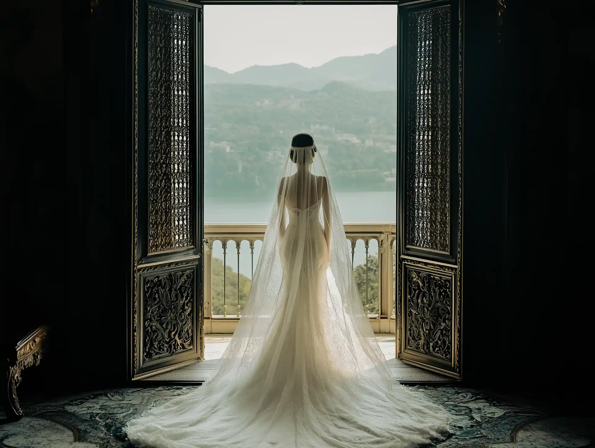 Rear view of a bride wearing a long veil, standing in a large open doorway. She is silhouetted against a scenic background featuring a misty lake and mountains