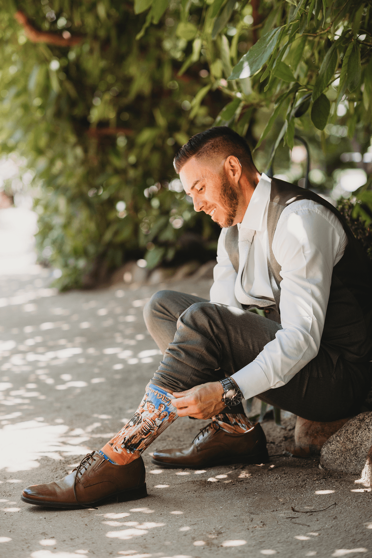 Flat lay wedding details with bouquet, rings, and sparkling bridal heels