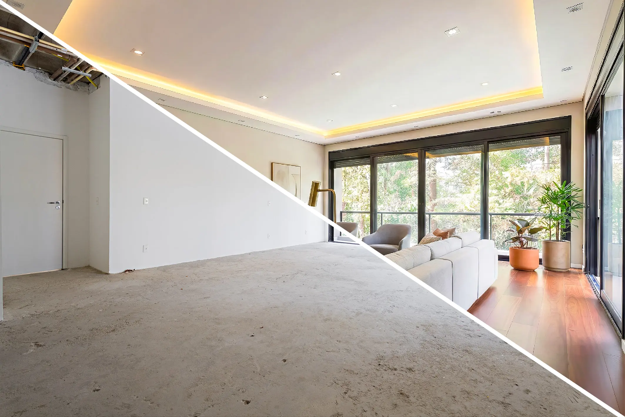 Modern luxury house on a hillside surrounded by trees, featuring large glass windows, a terrace, and a small pool at sunset.