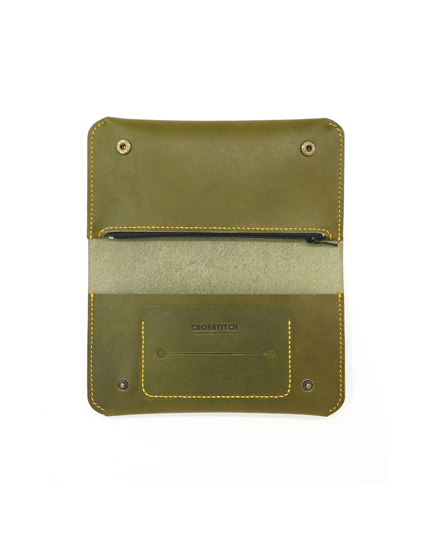 Handmade Olive Green leather tobacco pouch open empty