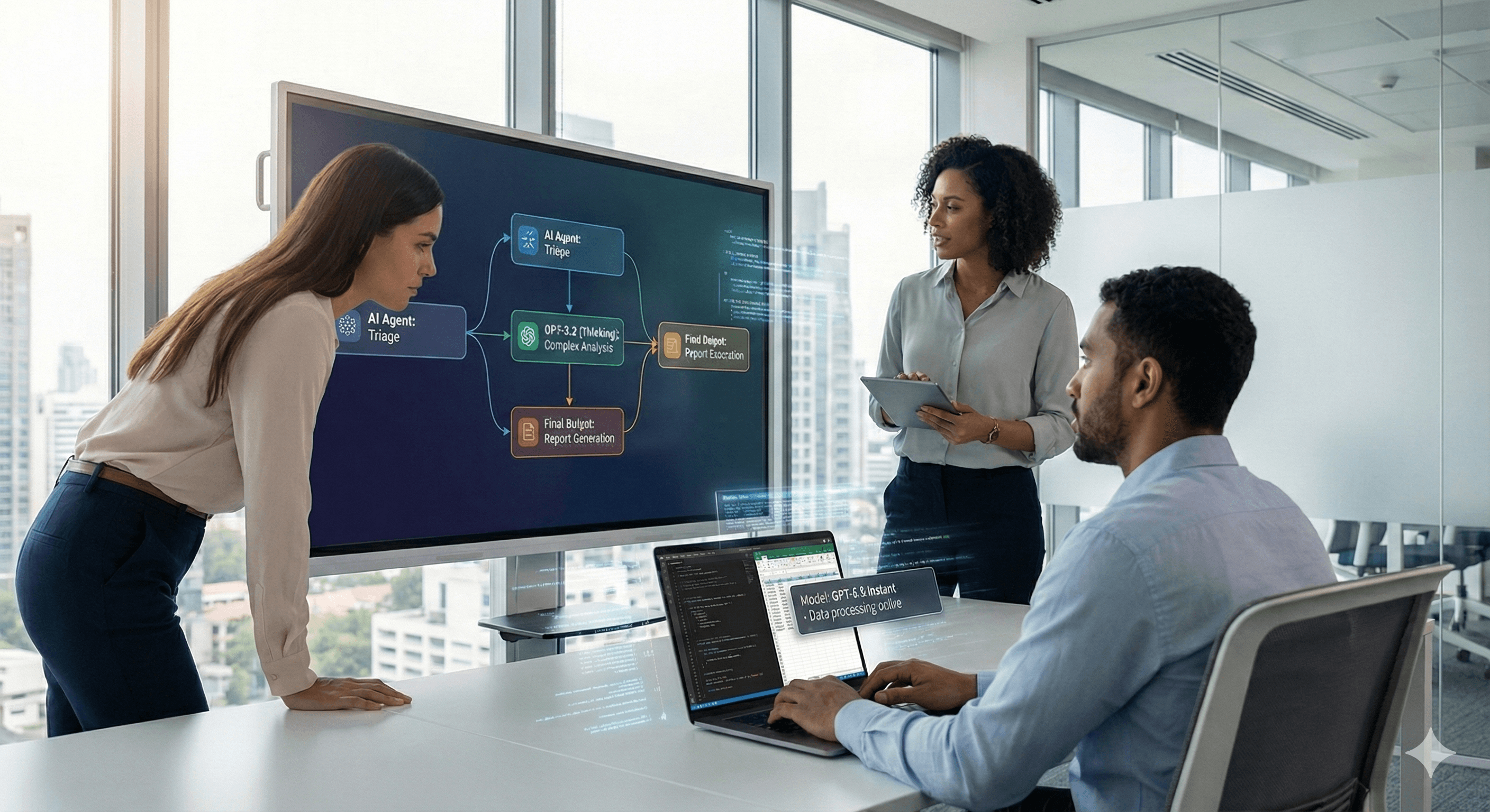 In a modern office setting, three people are engaged in a discussion around a digital presentation displaying a flowchart titled "AI System," with a focus on "GPT 5.2," as one person types on a laptop showing related code.
