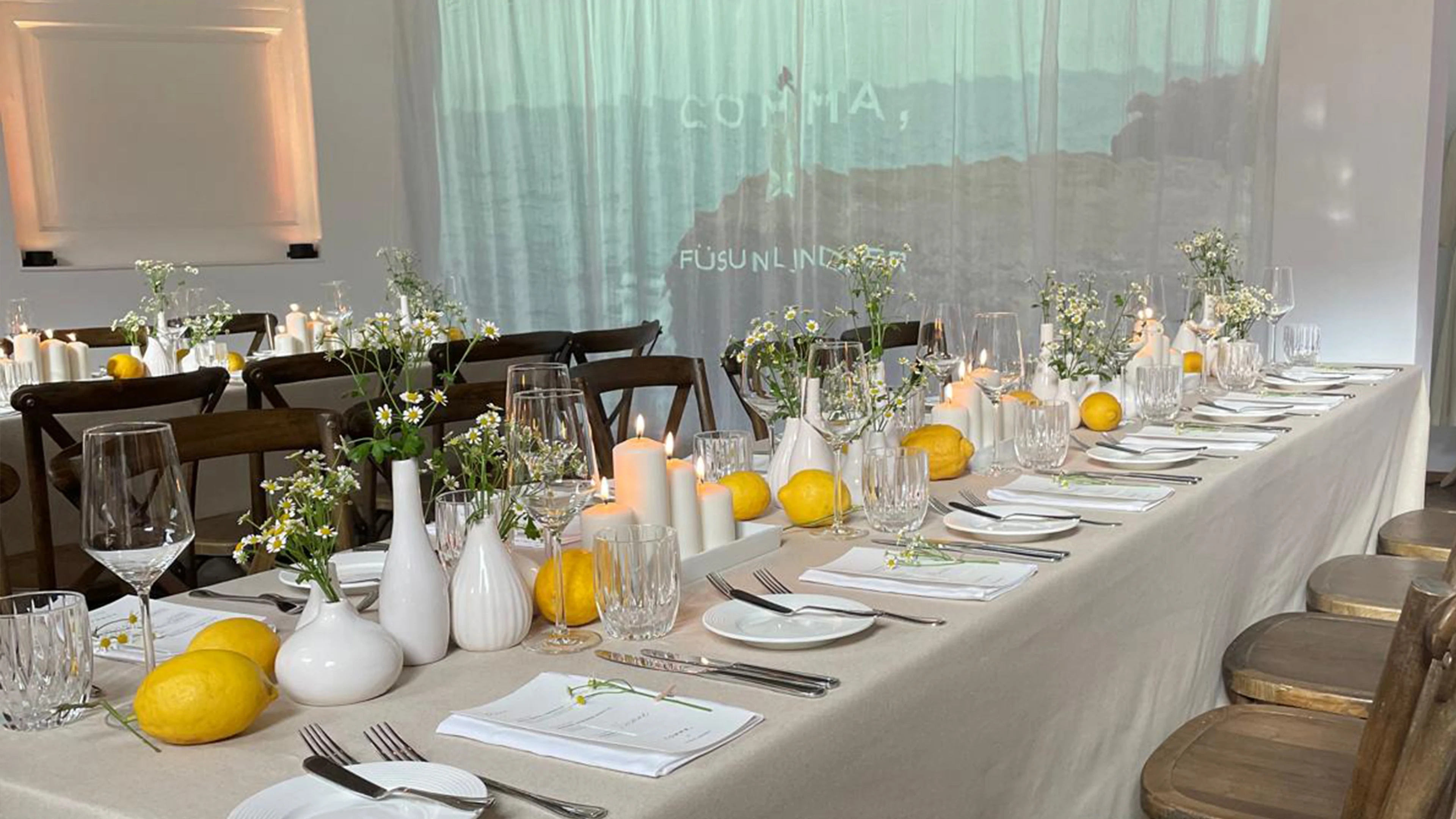 Festive dinner table with lemons, white vases, daisies and candles in front of the Comma projection.