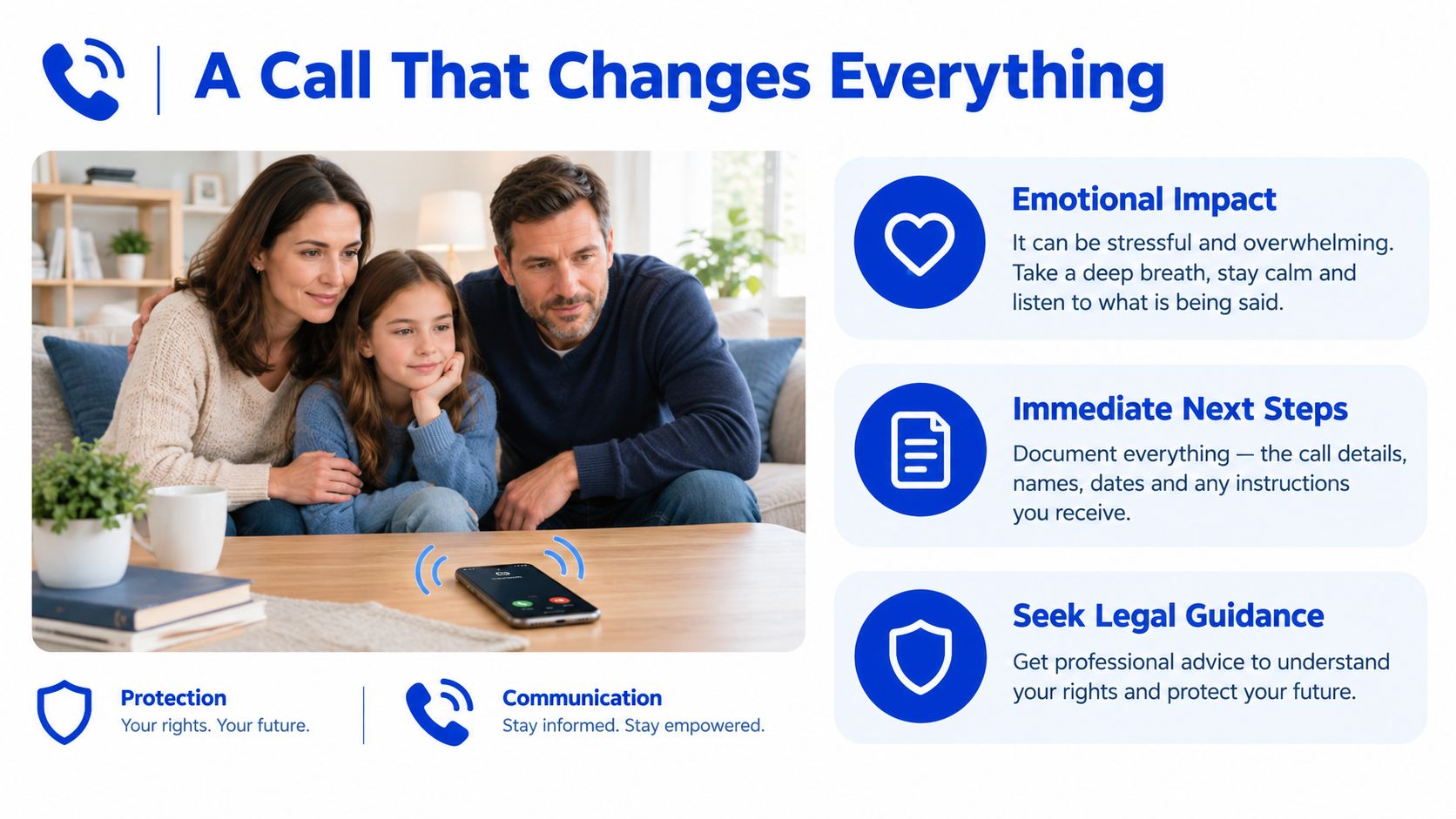 A family listening to an important phone call at home, accompanied by guidance on handling legal communications.