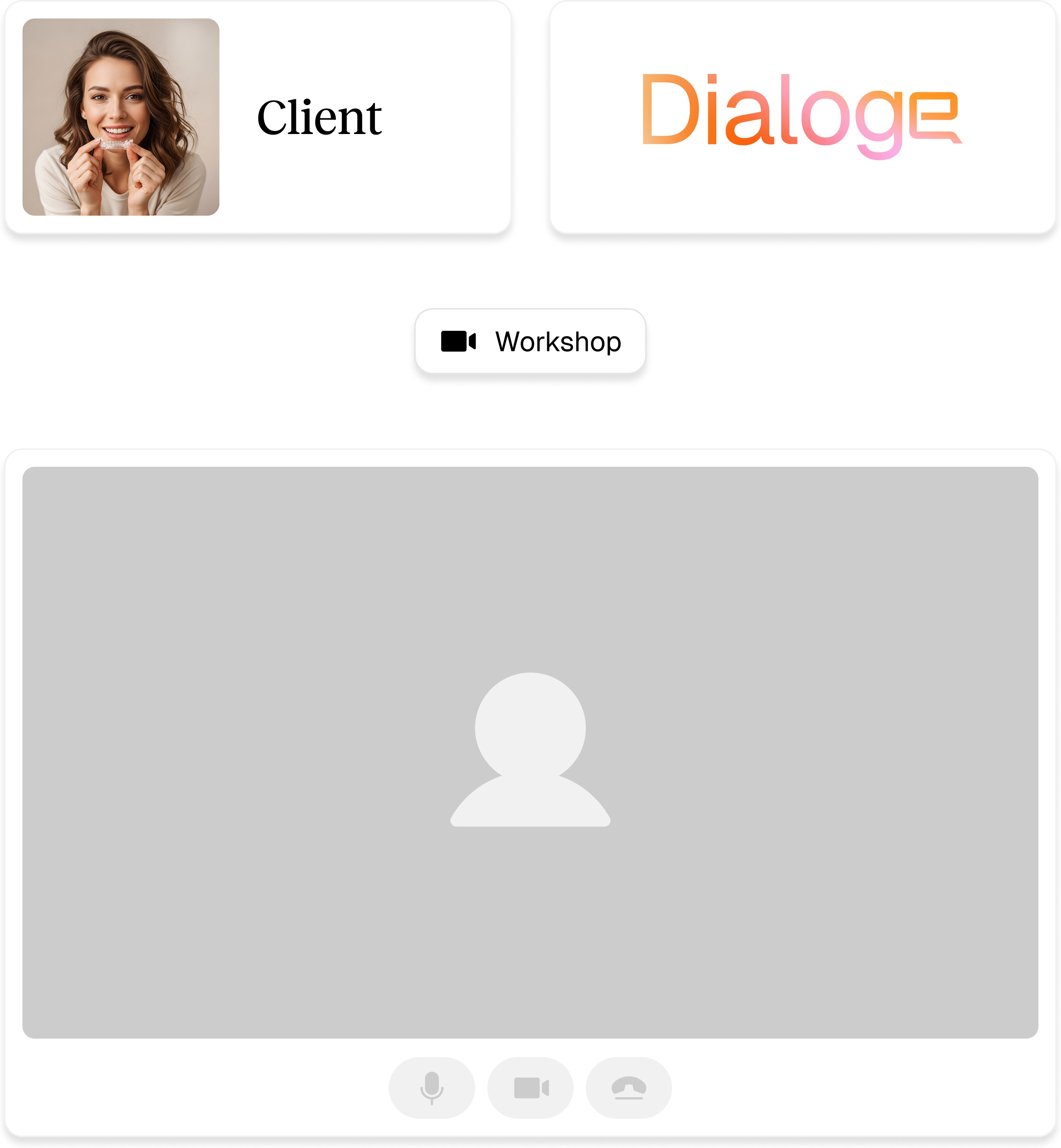 Profile interface showing a placeholder image, with a user's name and the logo of a service called "Dialog."