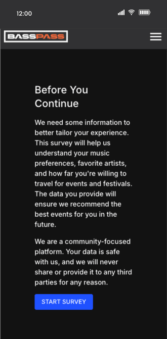 Mockup of BassPass mobile app showing user survey questions to personalize event recommendations.