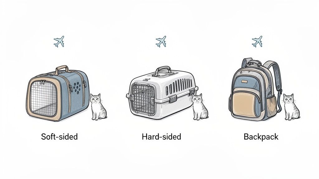 Illustration of soft-sided, hard-sided, and backpack cat carriers suitable for airplane travel.
