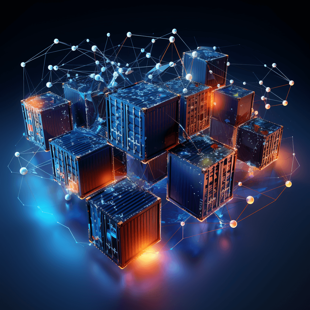 Digital 3D illustration of interconnected shipping containers with glowing edges, representing a concept of logistics, networked supply chain, or containerized data center architecture on a dark background.