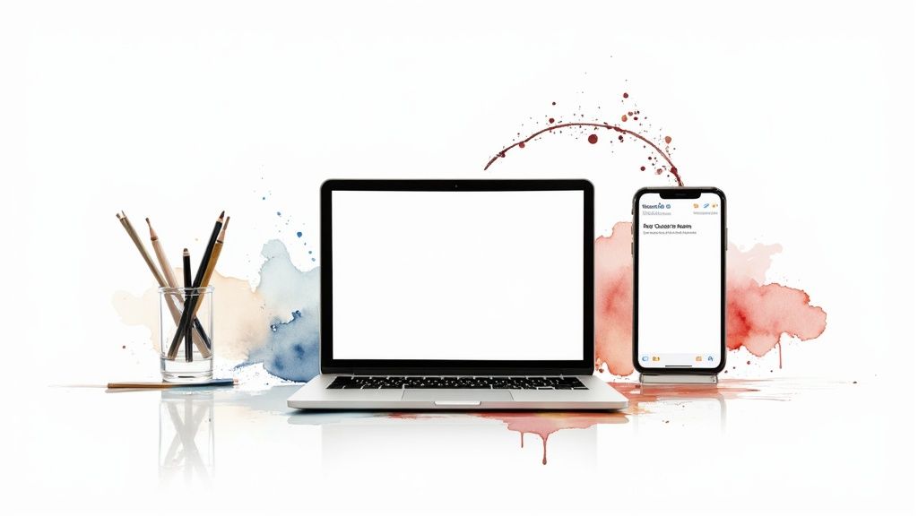 A creative workspace with a laptop, smartphone, pencils, and vibrant watercolor splashes.