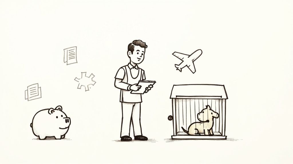 Cartoon showing pet shipping logistics: man with clipboard, piggy bank, airplane, and dog in carrier.