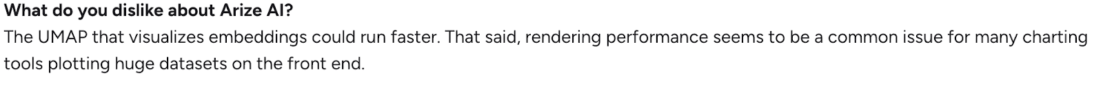 User feedback mentioning visualization performance limitations in Arize AI