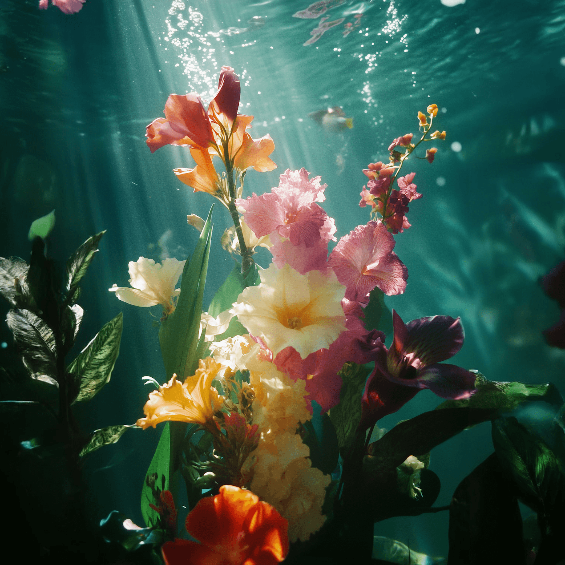 Underwater flowers swaying in slow motion, cinematic teal tones — generated with Lore