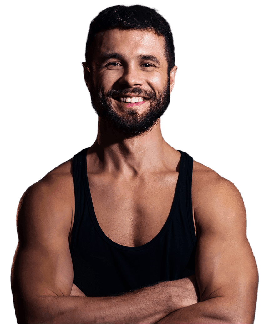 A man with an illustration of his health metrics improvement