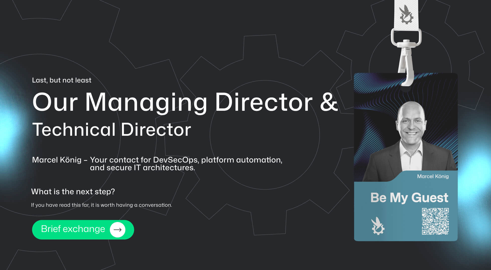 Presentation of the managing director of lennlay with overall technical responsibility for secure platform architectures, DevSecOps, and automation as the central point of contact for regulated enterprise environments, including an invitation to a direct exchange