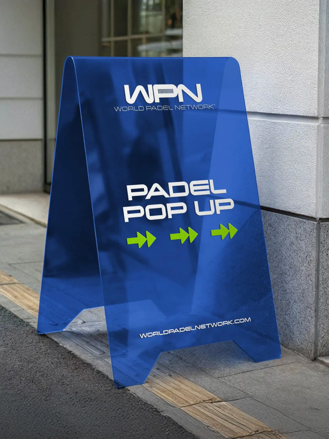 World Padel Network — Blue acrylic event sign reading ‘Padel Pop Up’ — Event signage design