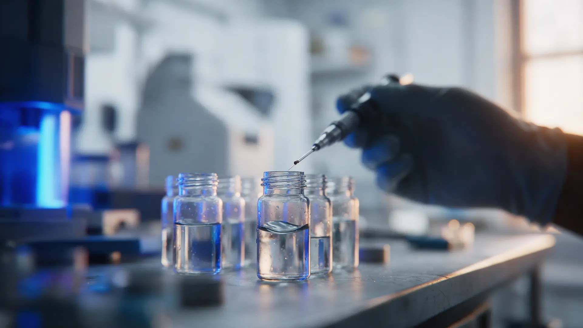 Gloved hand pipetting into glass vials in a laboratory