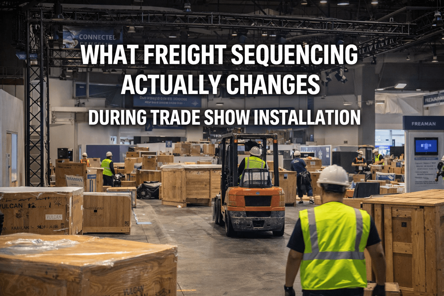 Trade show freight sequencing during booth installation in Las Vegas with forklifts, shipping crates, and exhibit setup in progress