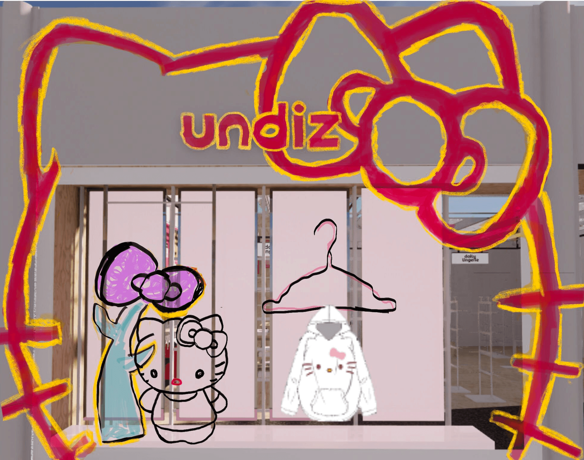 Illustration de la façade Undiz avec dessins de Hello Kitty, un cintre et un sweat à capuche de la collection.