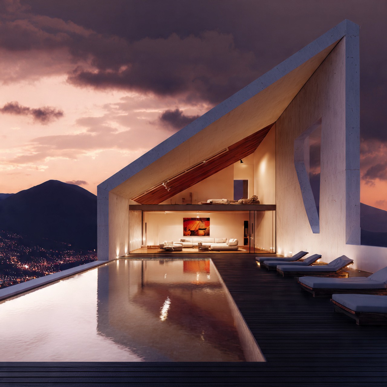 Modern architectural house with angular roof, featuring a sleek infinity pool and poolside loungers at sunset, overlooking distant city lights and mountains.