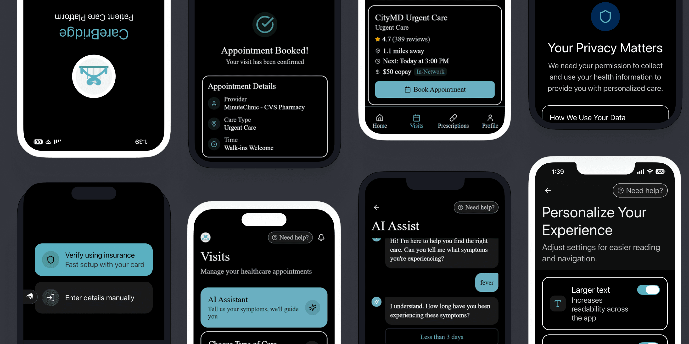 Eight CareBridge app screens that show a welcome screen, privacy consent, insurance setup (scan card or enter manually), Visits screen with AI Assistant prompt, AI Assist conversation where the user types "fever" and is asked about symptom duration, appointment confirmation, and accessibility personalization screen with a larger text toggle switched on.