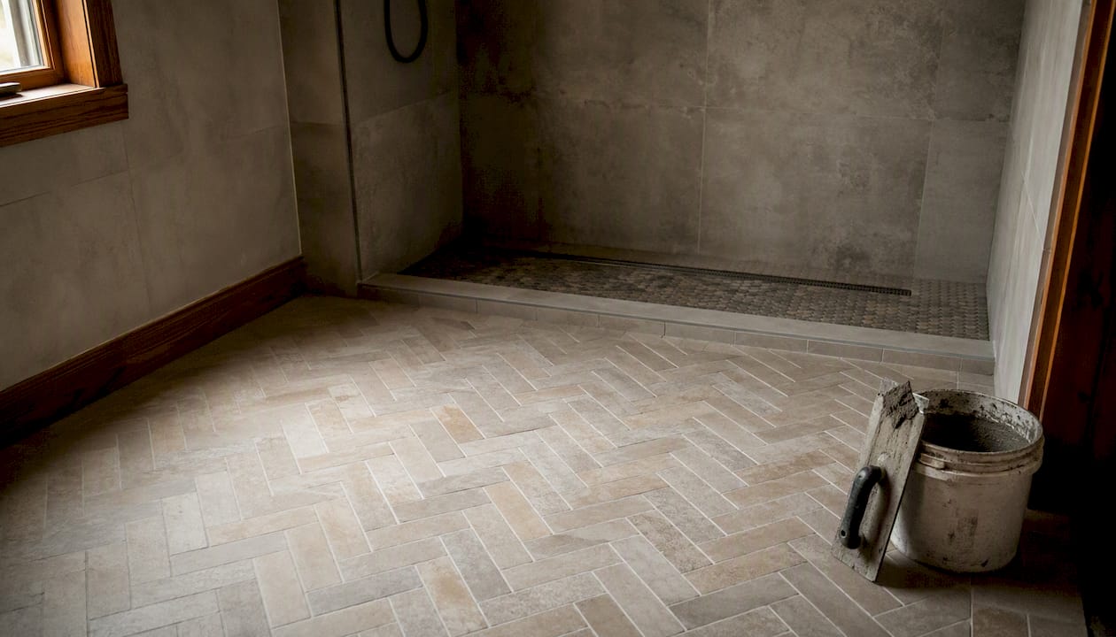 Porcelain tiles on bathroom floor and walls