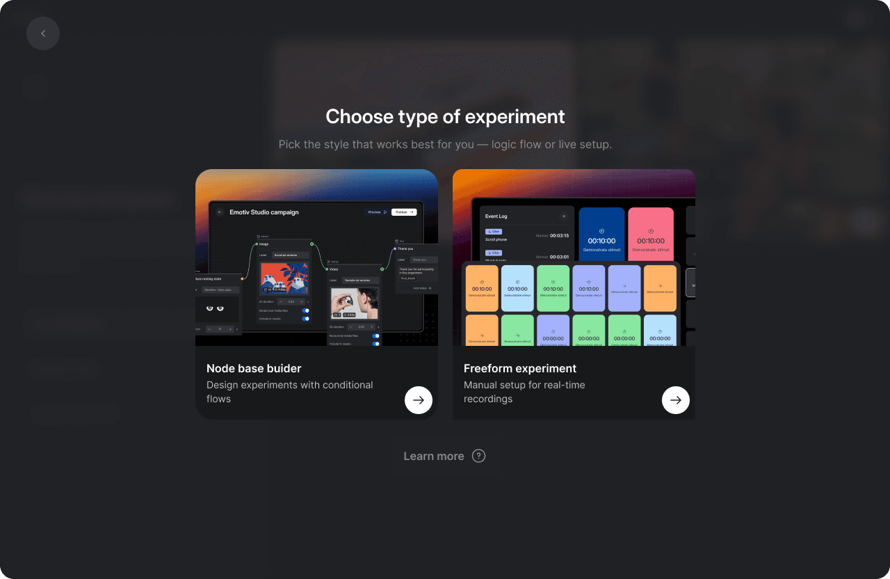 A dark screen in the Emotiv Studio dashboard. A header says "Choose type of experiement. Pick the style that works best for you - logic flow or live setup. Underneath are two options for Node base builder and freeform experiment.