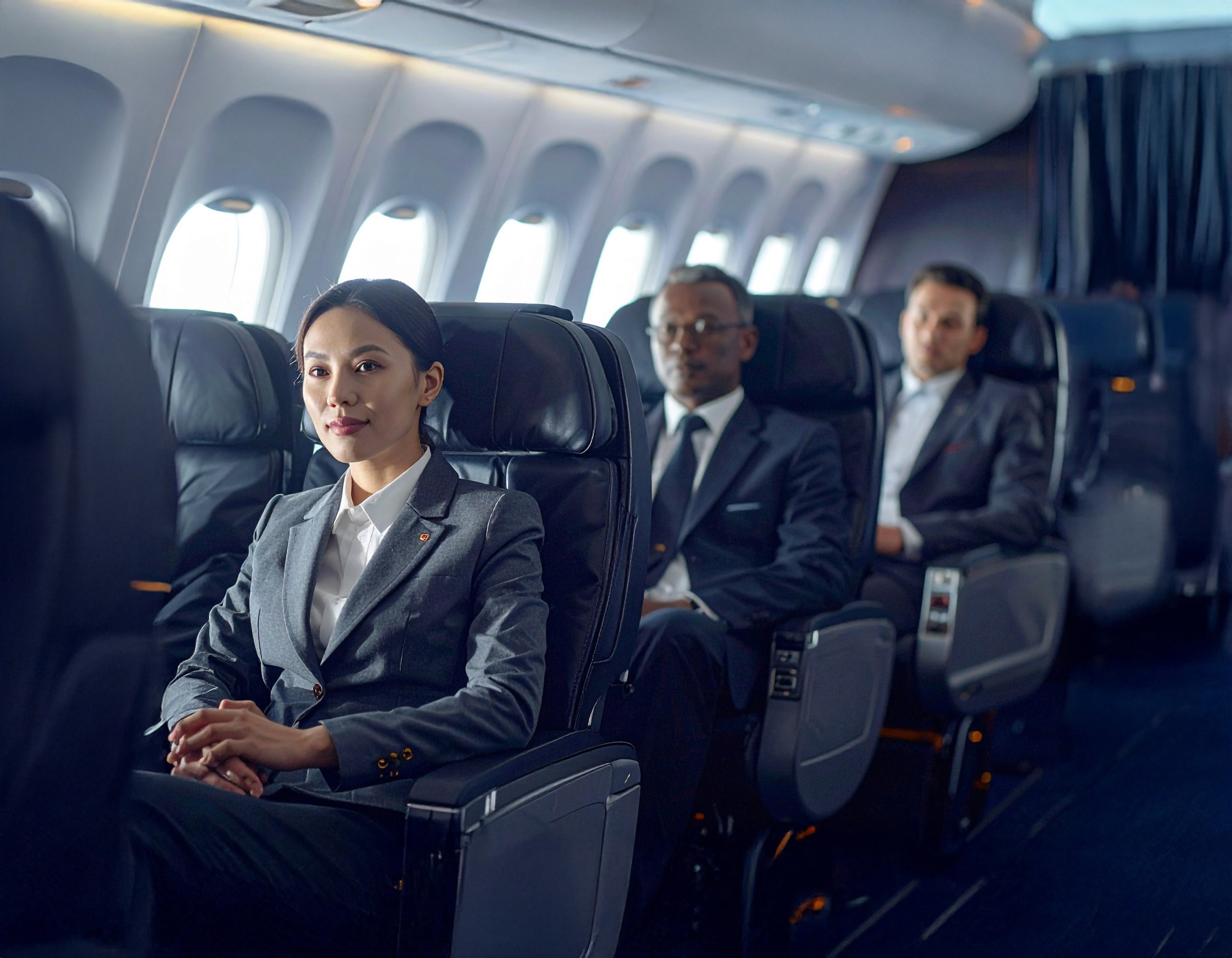 Geschäftsleute im Flugzeug, Blick in die Kamera. Eine Frau und zwei Männer in Anzügen sitzen in den Sitzen.