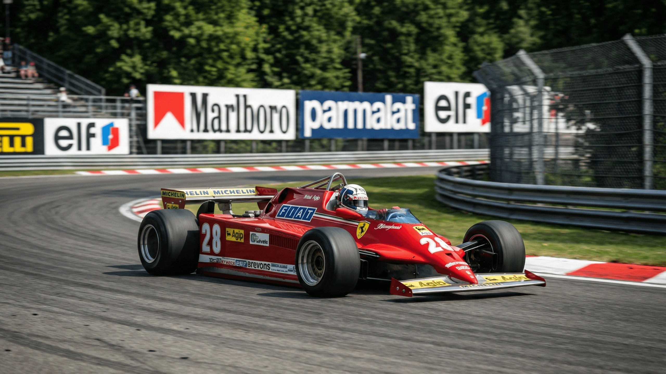 Didier Pironi piloting red Ferrari F1 car number 28 on high-speed corner, Ferrari Marlboro livery, emblematic of his relentless pursuit in 1982 championship battle