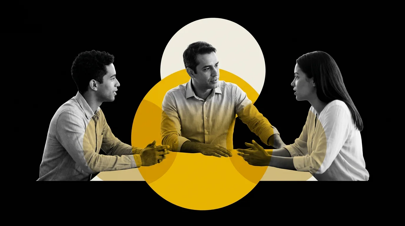 Colagem editorial sobre liderança autêntica e a transição do controle para a conexão