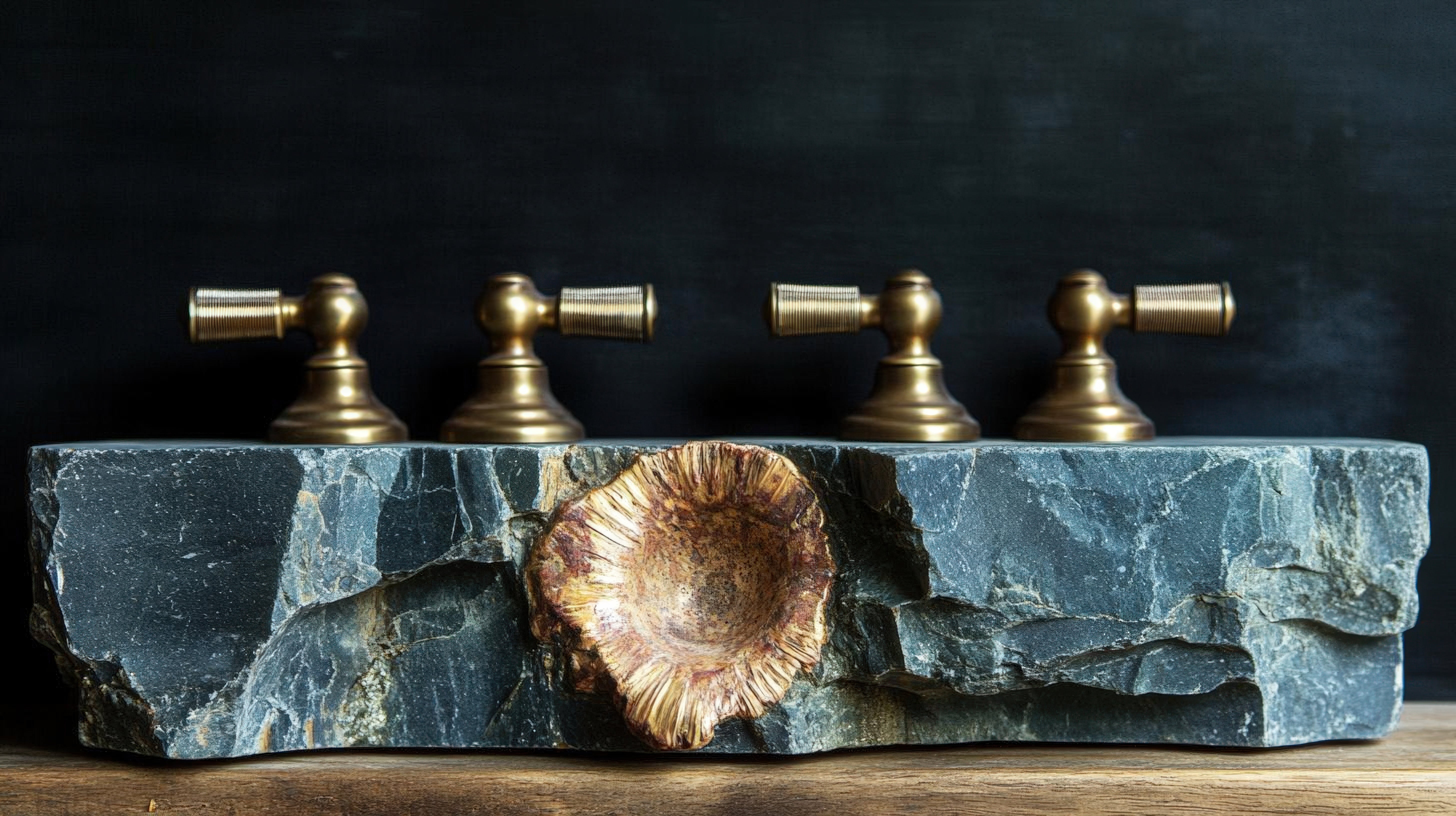 closeup of modern brass faucet fixtures