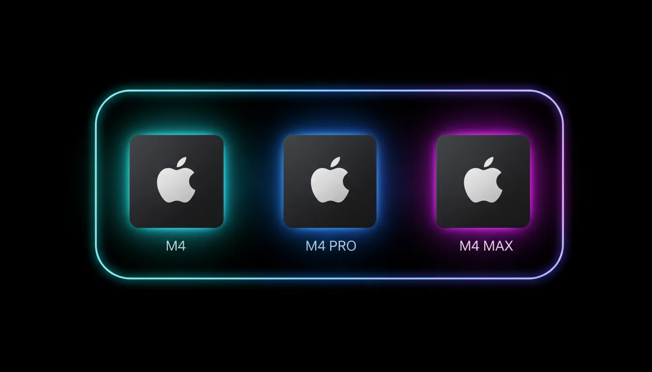 A sleek product visualization graphic showcasing three Apple silicon chips: M4, M4 Pro, and M4 Max, arranged side-by-side on a solid black background. 3D Render, minimalist and clean aesthetic. The square chips have a dark matte surface with a crisp white Apple logo and stylized text for each model. The M4 chip is illuminated by a soft cyan and green gradient glow from the left. The M4 Pro chip is lit with a deep blue glow. The M4 Max chip features a vibrant purple and magenta gradient glow from the right. Soft global illumination creates subtle, glowing edge highlights. The entire scene is contained within a thin, glowing blue rounded rectangular frame.