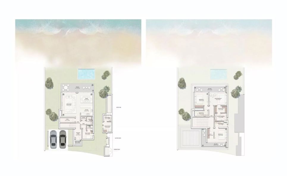 Floor plan of the villa at Ramhan Island Villas, Abu Dhabi, showcasing layout and design features near the beach.