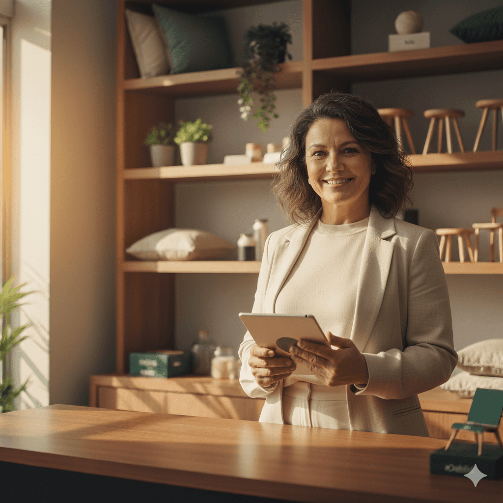 Asian woman looking at a tablet and smiling