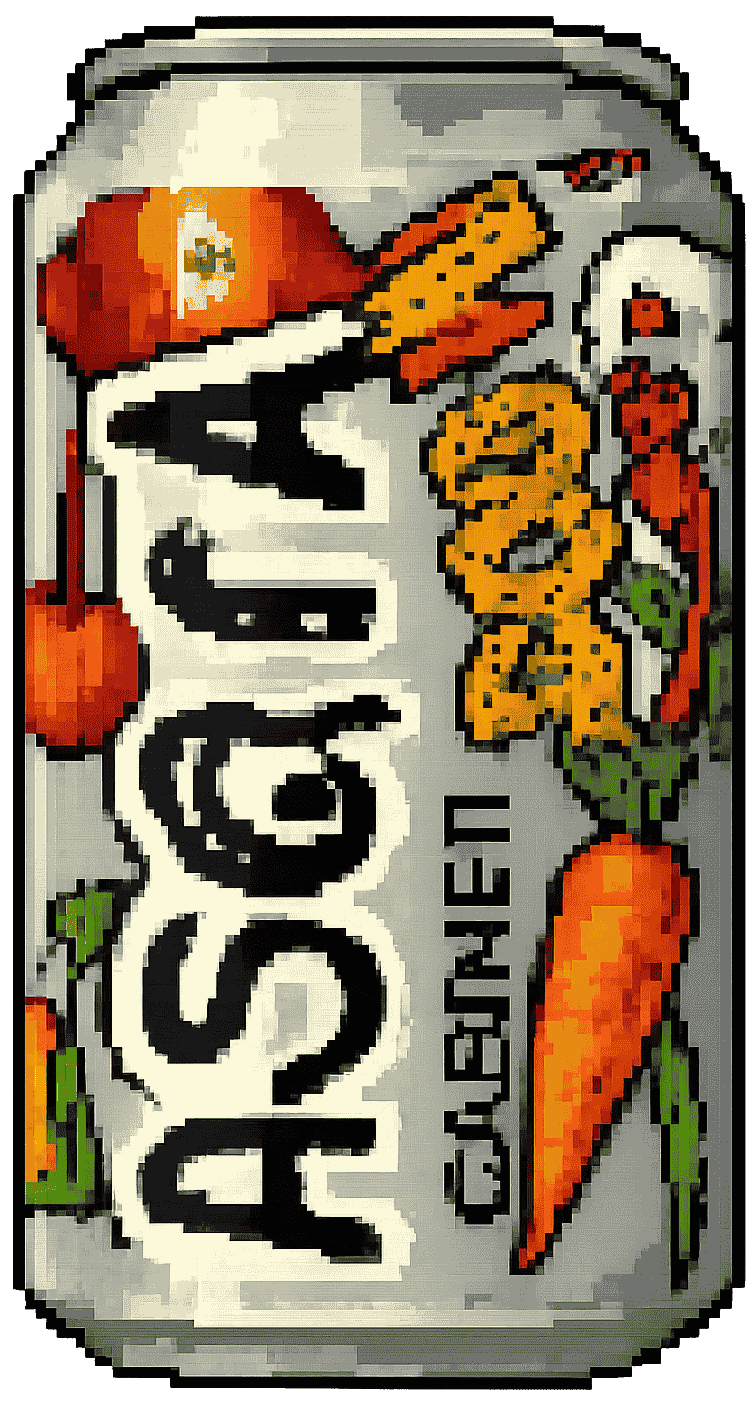 Pixel-art version of Cascara Cabinet Boom can — retro playful reinterpretation of caffeinated soda design.