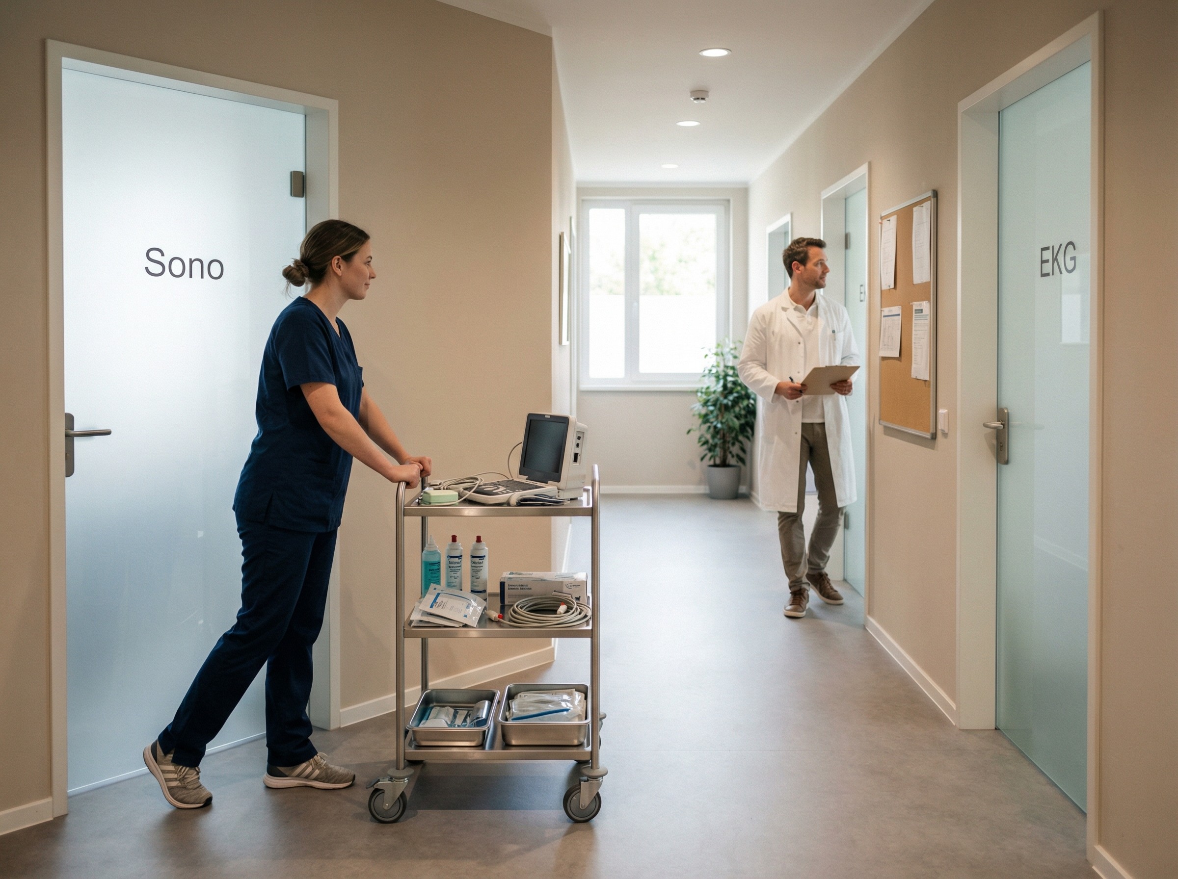 Ein Behandlungsflur mit klar beschrifteten Türen zu Sono und EKG. Eine Assistenz schiebt einen Wagen mit Zubehör an den richtigen Raum, der Arzt prüft kurz den Plan auf dem Klemmbrett. Alles wirkt abgestimmt, Wege sind kurz, Ressourcen sind bereit.