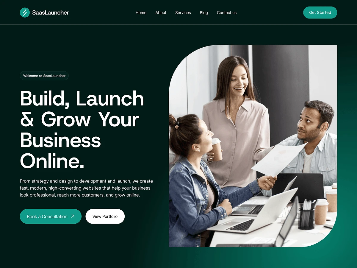 SaasLauncher WordPress theme featuring a business homepage with a team working together.
