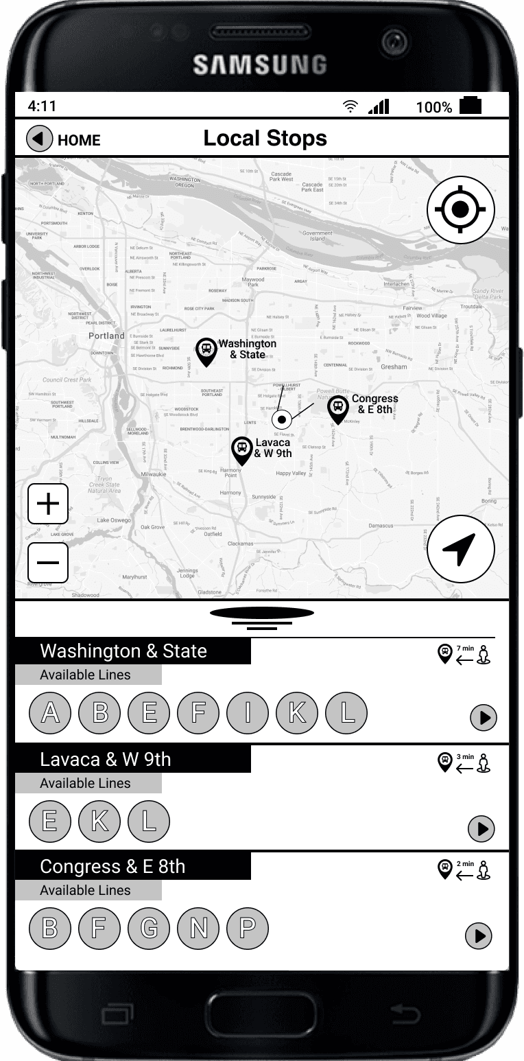 A wireframe of a mobile transport app's screen showing local bus stops