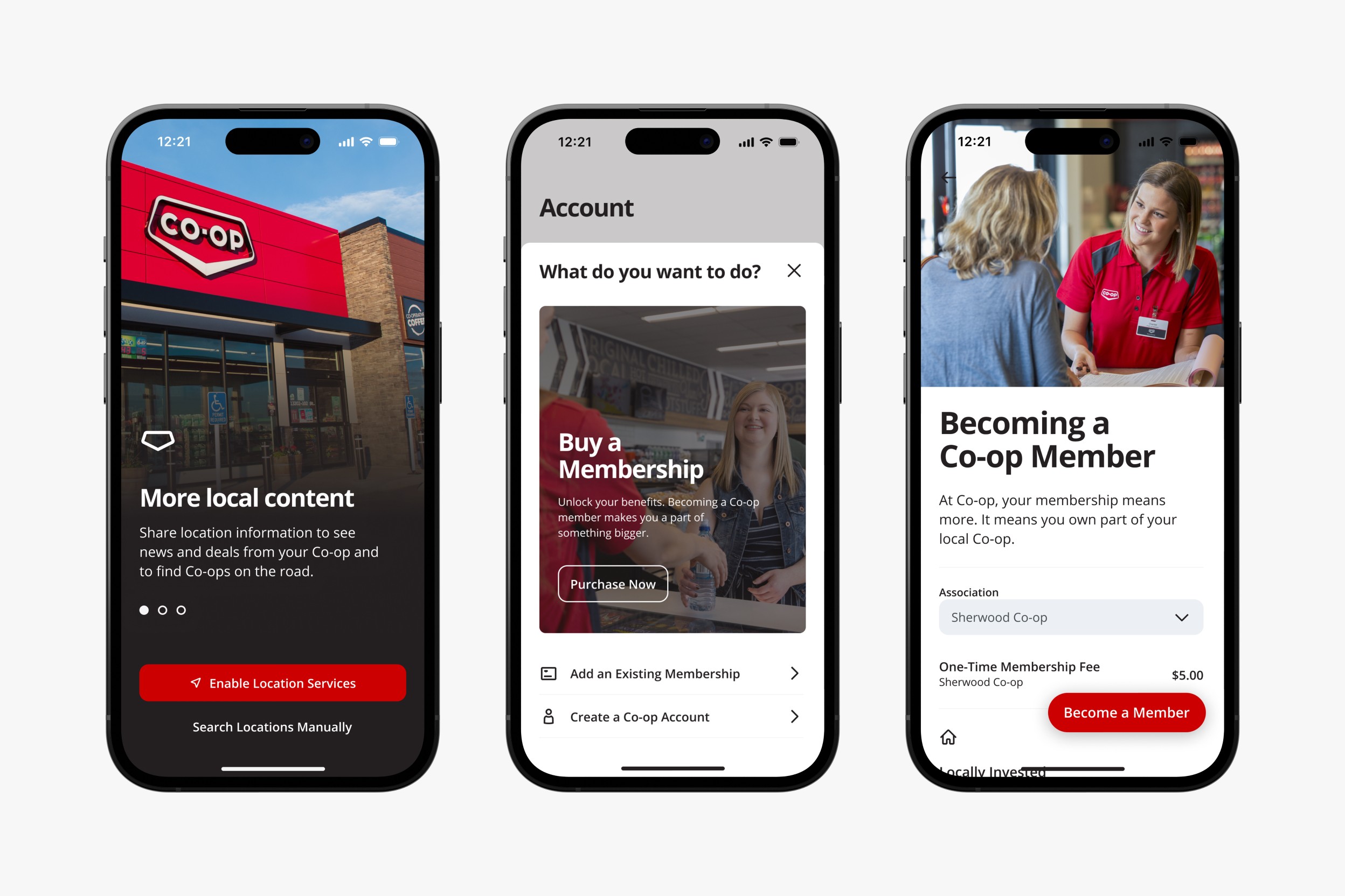Multiple images of the new Co-op app in a line