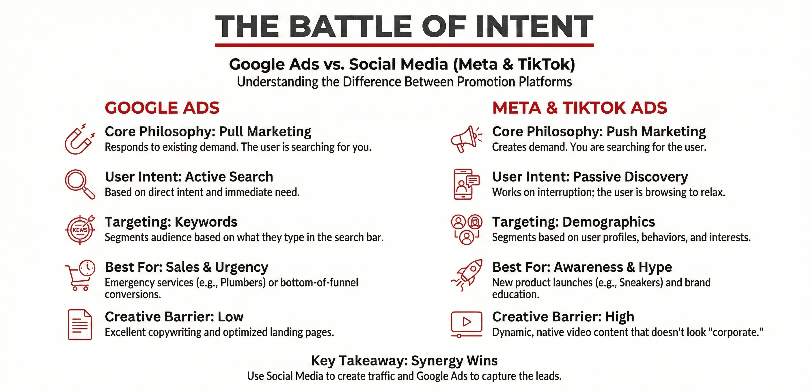 Infograma care compara Google Ads versus Meta Ads versus TikTok Ads. Arata diferentele in intentia de cumparare a utilizatorului, pull versus push marketing si cerite ale creativelor din reclame.