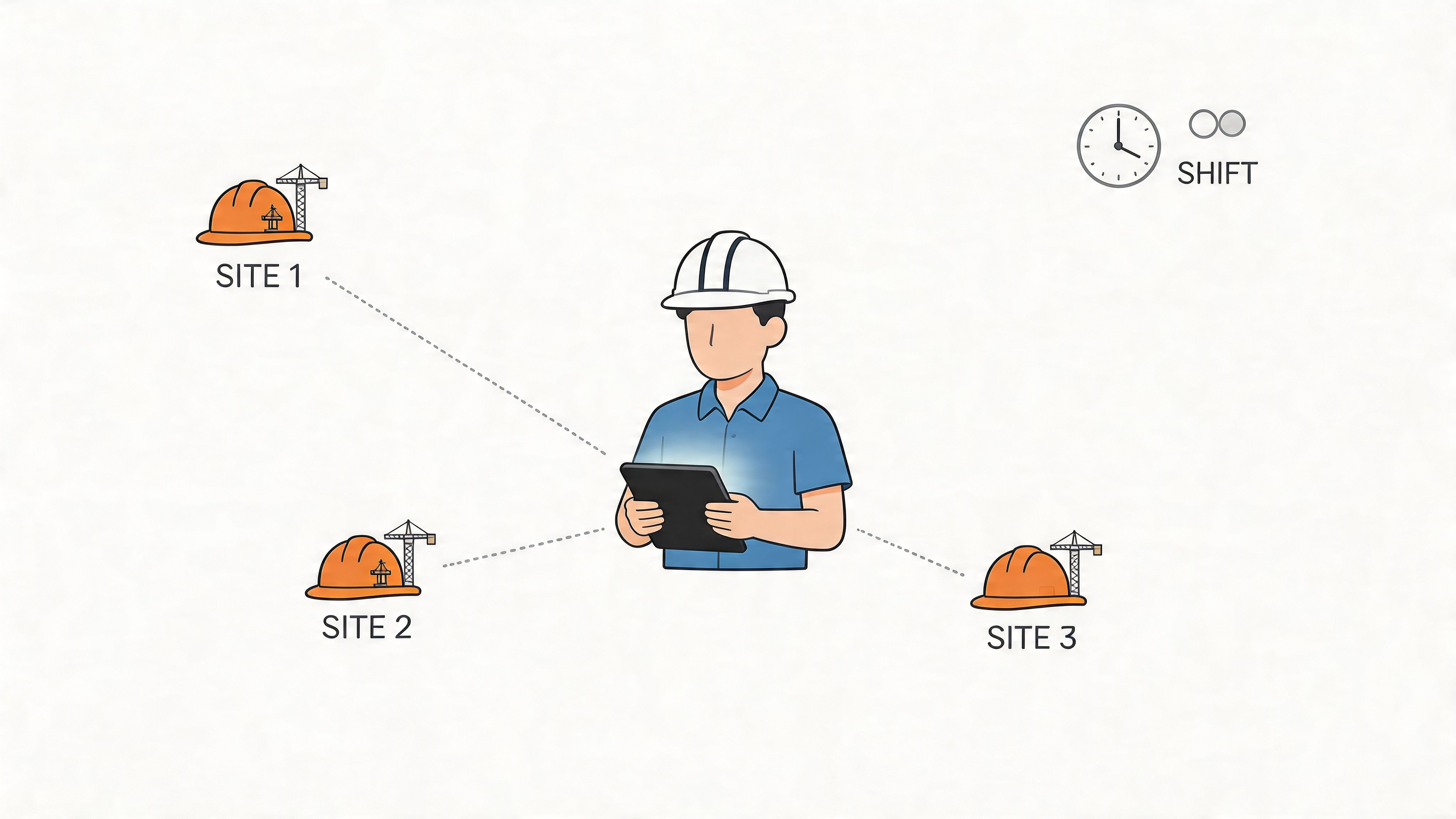 A construction manager using a tablet to monitor multiple construction sites simultaneously during work shifts.